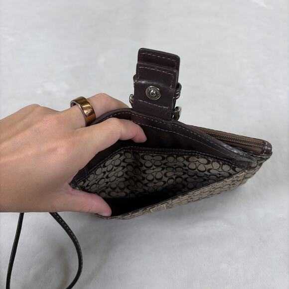 Coach Brown Canvas Signature C Jacquard Buckle Front Pocket Wristlet Mini Bag - Picture 10 of 16